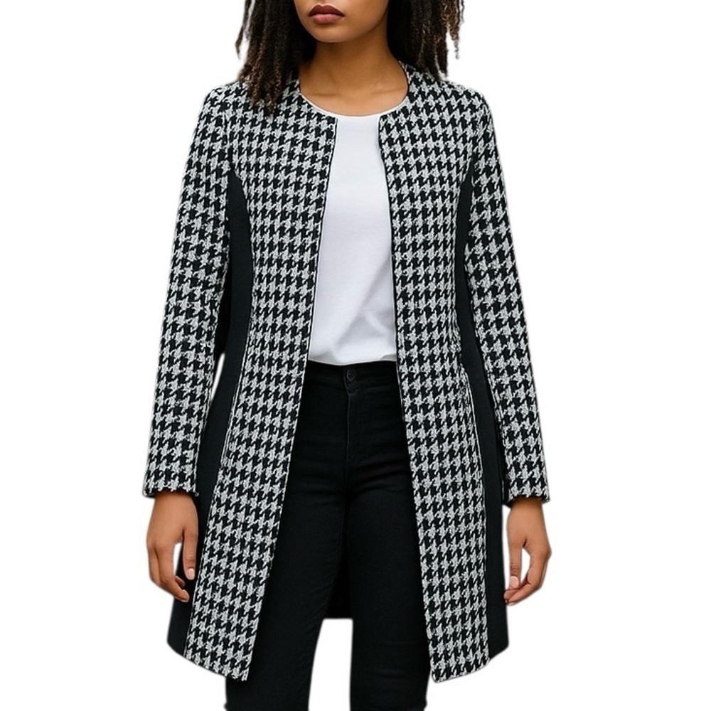 Chico's Black White Patch Houndstooth Long Jacket/Coat w/Zipper Pockets  Sz 00P